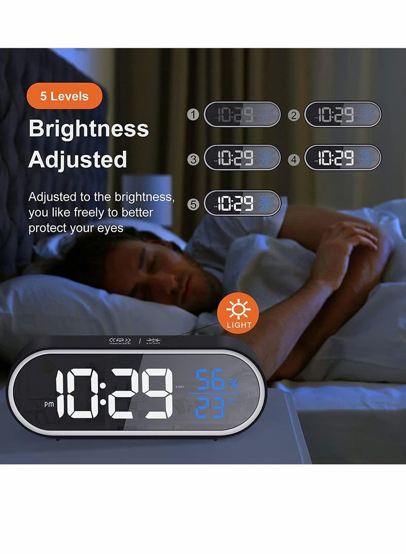 Digital Alarm Clock, Large Mirrored LED Display with Humidity Temperature USB Charger Port 5 Types of Brightness 4 Volume Smart Voice Control