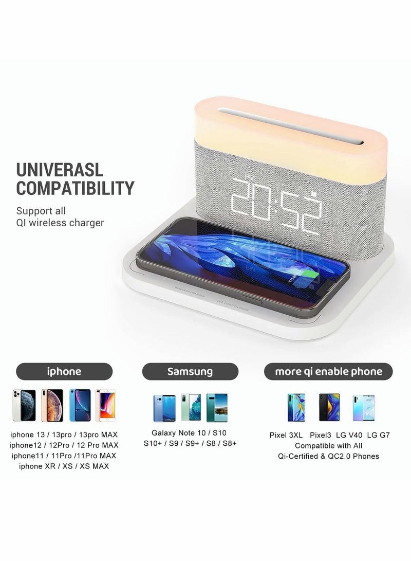 Digital Alarm Clock with LED Night Light Wireless Charging 15W Max Touch Bedside Lamp 5-100% Adjustable Brightness,12/24Hr,Snooze,QI Charger,Bedroom