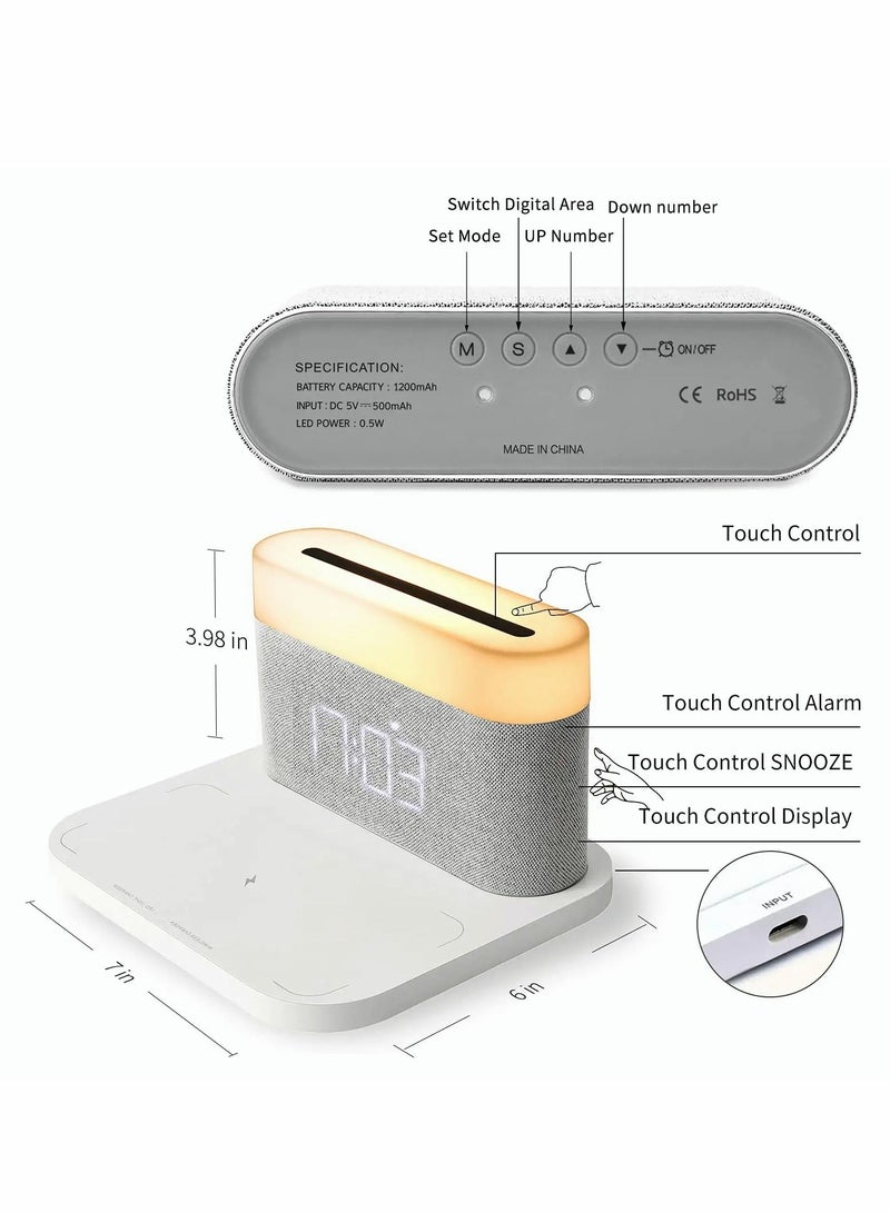 Digital Alarm Clock with LED Night Light Wireless Charging 15W Max Touch Bedside Lamp 5-100% Adjustable Brightness,12/24Hr,Snooze,QI Charger,Bedroom