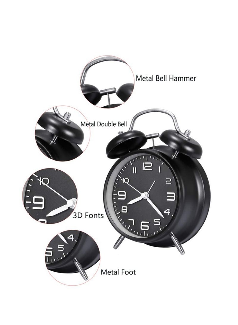 Twin Bell Alarm Clock, Black Loud Clock 3D Digital Scale with Backlight, for Heavy Sleepers, Non Ticking and Silent 4inch Metal Desk Table Home Office