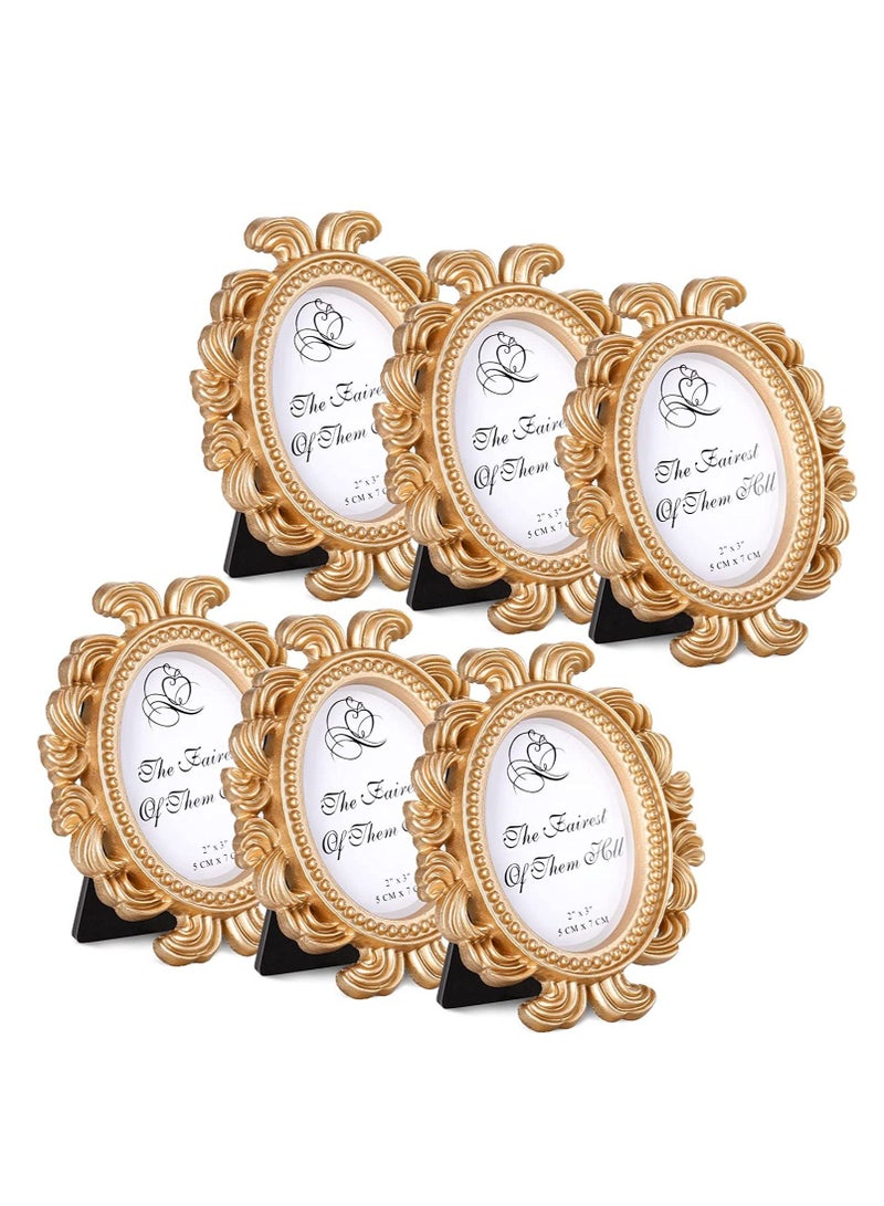 Vintage Picture Frame 2x3 Antique Photo Mini Baroque Place Card Holder Resin Oval Table Top Display Party Decorations, (Gold, 6 Pieces)