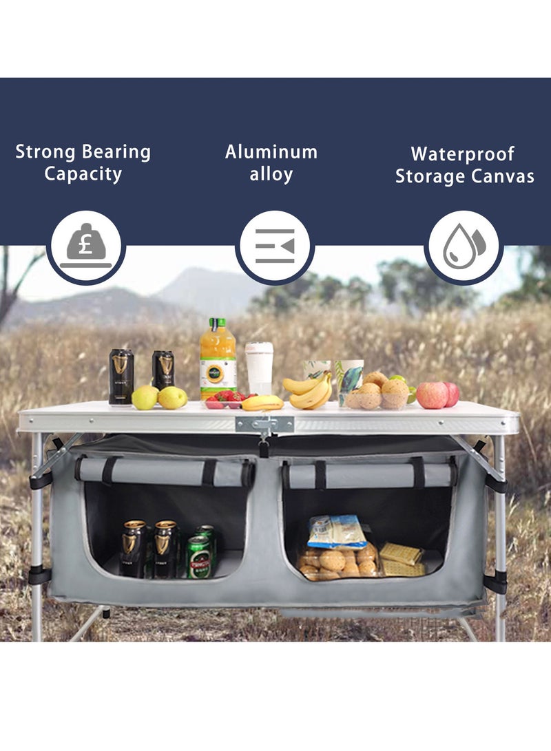 Folding Camping Table with Storage Lightweight Camp Tables Portable Indoor/Outdoor Collapsible Table Height Adjustable Camp Kitchen Perfect for Picnic, Beach, Travel, Tailgating, Backyards, BBQ, Party