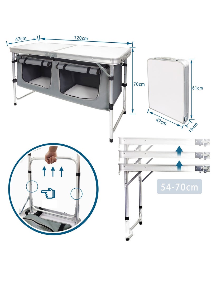 Folding Camping Table with Storage Lightweight Camp Tables Portable Indoor/Outdoor Collapsible Table Height Adjustable Camp Kitchen Perfect for Picnic, Beach, Travel, Tailgating, Backyards, BBQ, Party