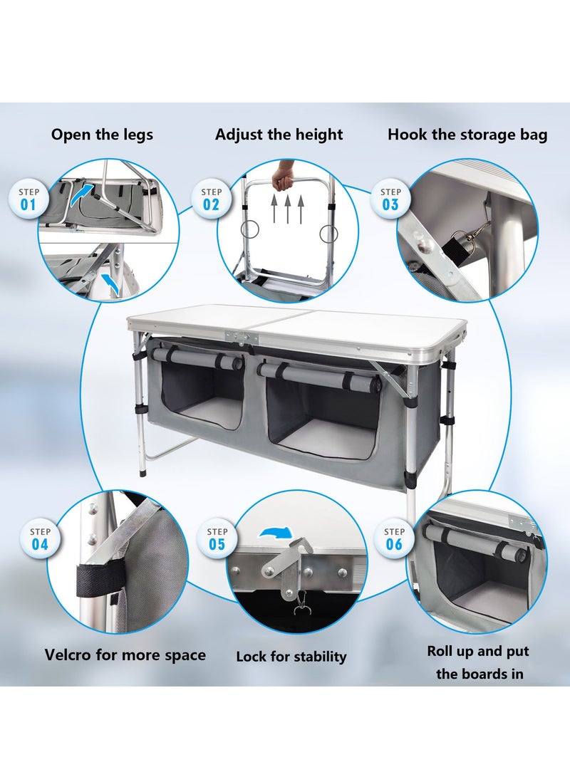 Folding Camping Table with Storage Lightweight Camp Tables Portable Indoor/Outdoor Collapsible Table Height Adjustable Camp Kitchen Perfect for Picnic, Beach, Travel, Tailgating, Backyards, BBQ, Party