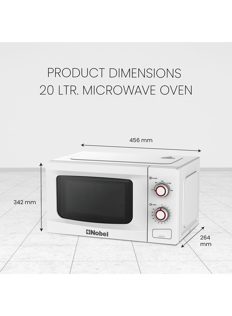 Microwave Oven  20L with Mechanical Knob Control, 5 Power Levels, Cooking End Signal, and Turntable Glass Tray 20 L 700 W NMO22M White