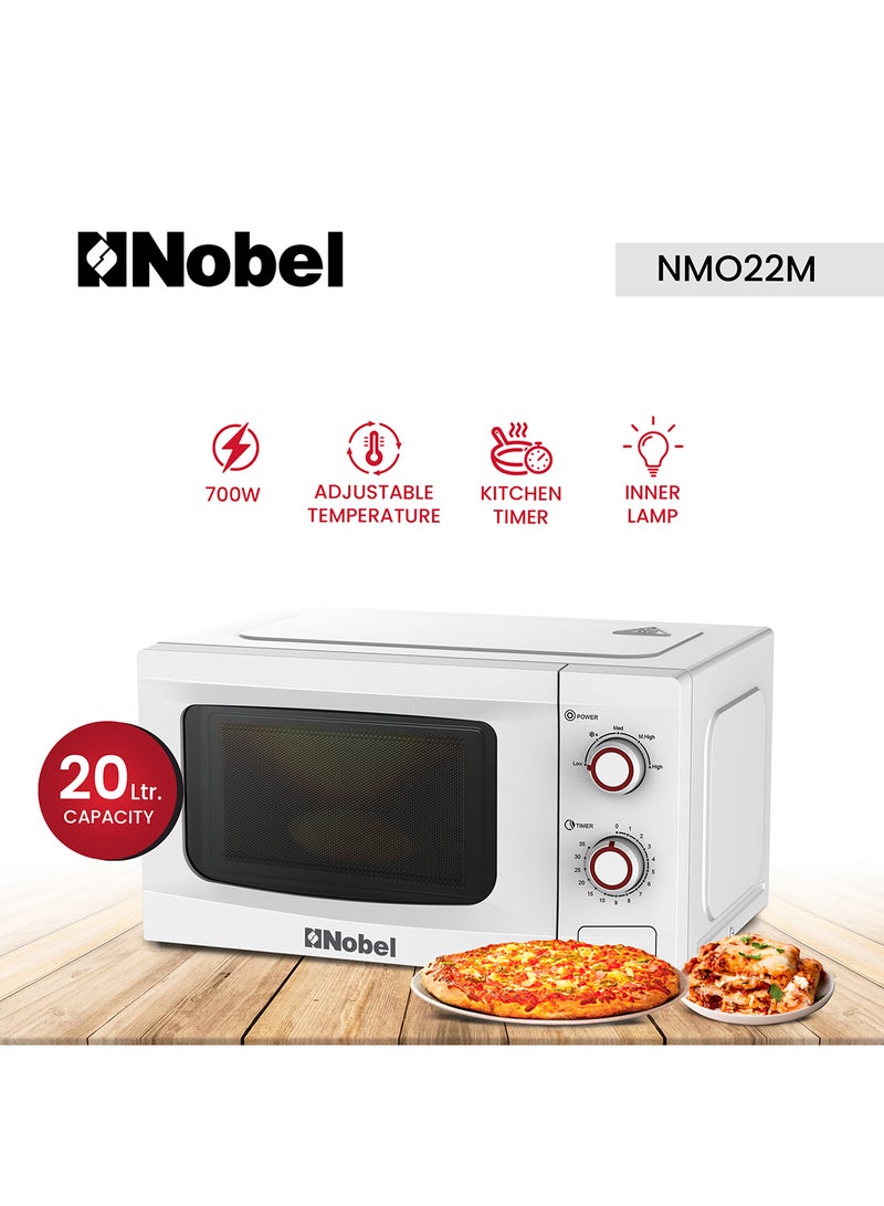 Microwave Oven  20L with Mechanical Knob Control, 5 Power Levels, Cooking End Signal, and Turntable Glass Tray 20 L 700 W NMO22M White