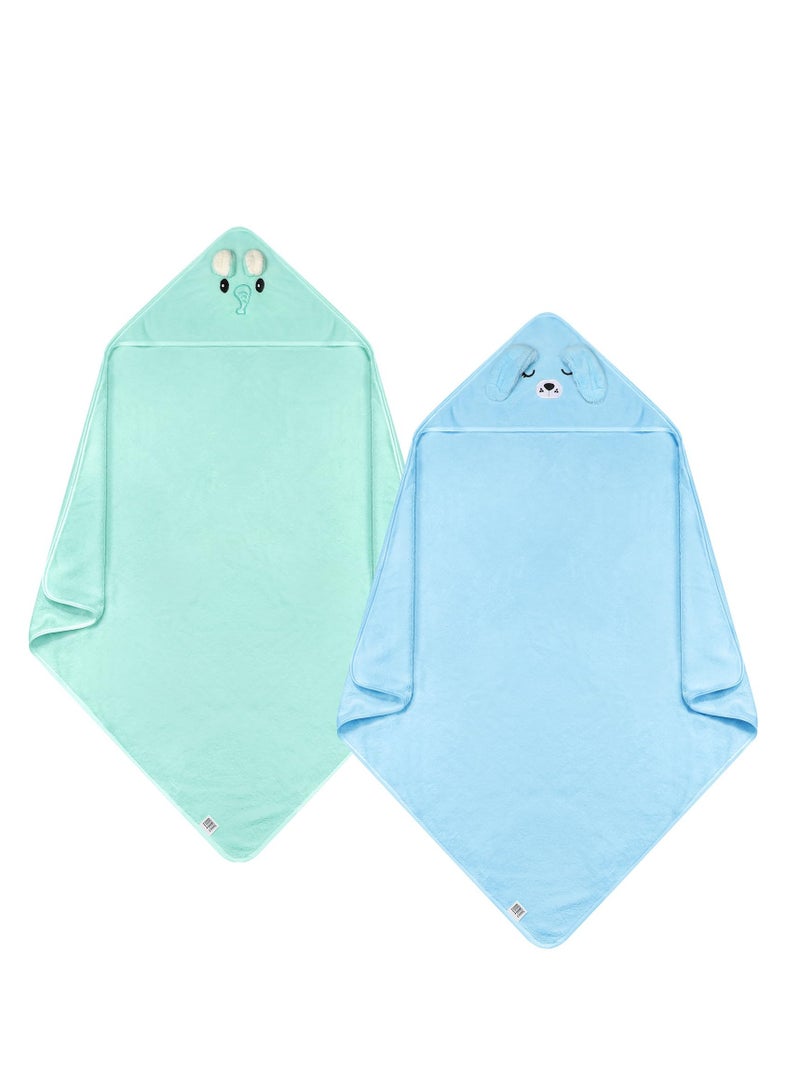 Baby Hooded Towel, 2 Pcs 32 x 32 in Coral Fleece Hooded Towel Infant Towels Absorbent Soft Bath Towel Baby with Bear Ear for Newborn Toddler Infant Baby Shower Stuff Gift (Blue, Green)