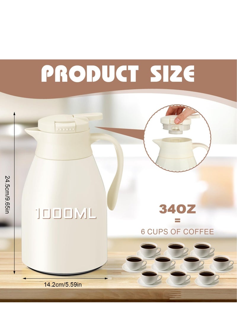 2 Pcs 34 oz Thermal Coffee Carafe Plastic Insulated Carafe Hot Water Urn with Lid Coffee Pitcher Double Walled Vacuum Thermal Pot Flask for Tea, Keep 12/24 Hours Hot/Cold(White)