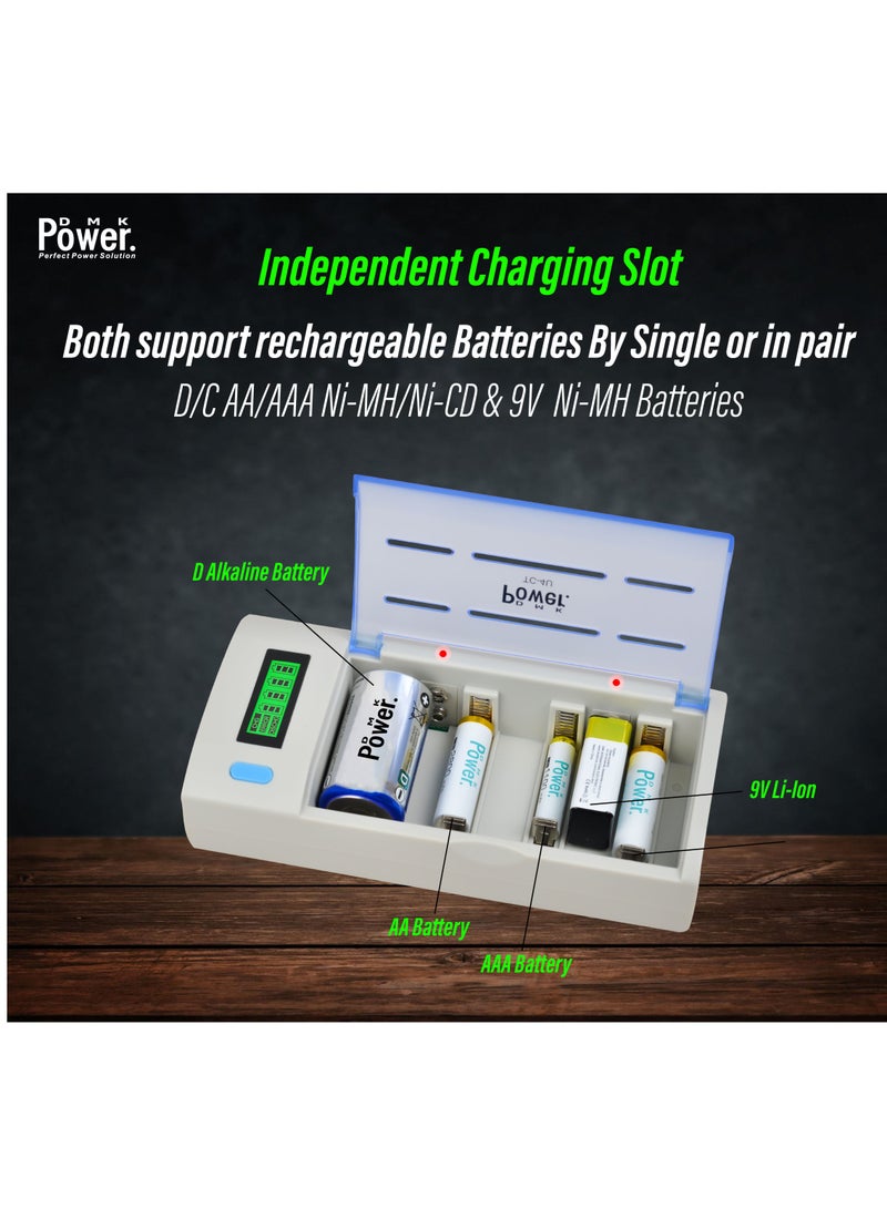 DMK Power 4-Slots LED & LCD Battery Charger, High-Speed Charging, Independent Slot,Fit for C D AA AAA 9V Ni-MH Ni-CD Rechargeable Batteries (TC-4U)