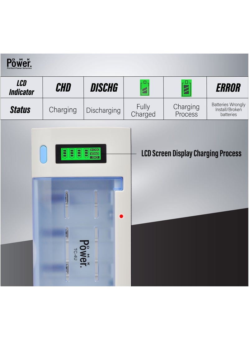 DMK Power 4-Slots LED & LCD Battery Charger, High-Speed Charging, Independent Slot,Fit for C D AA AAA 9V Ni-MH Ni-CD Rechargeable Batteries (TC-4U)