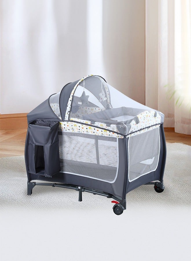 Double Layers Baby Crib Portable Foldable and Movable Diaper Table Baby Care Table Crib with Mosquito Net for 0-36 Months Old Toddler