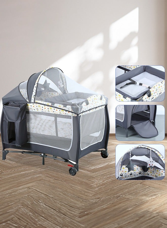 Double Layers Baby Crib Portable Foldable and Movable Diaper Table Baby Care Table Crib with Mosquito Net for 0-36 Months Old Toddler