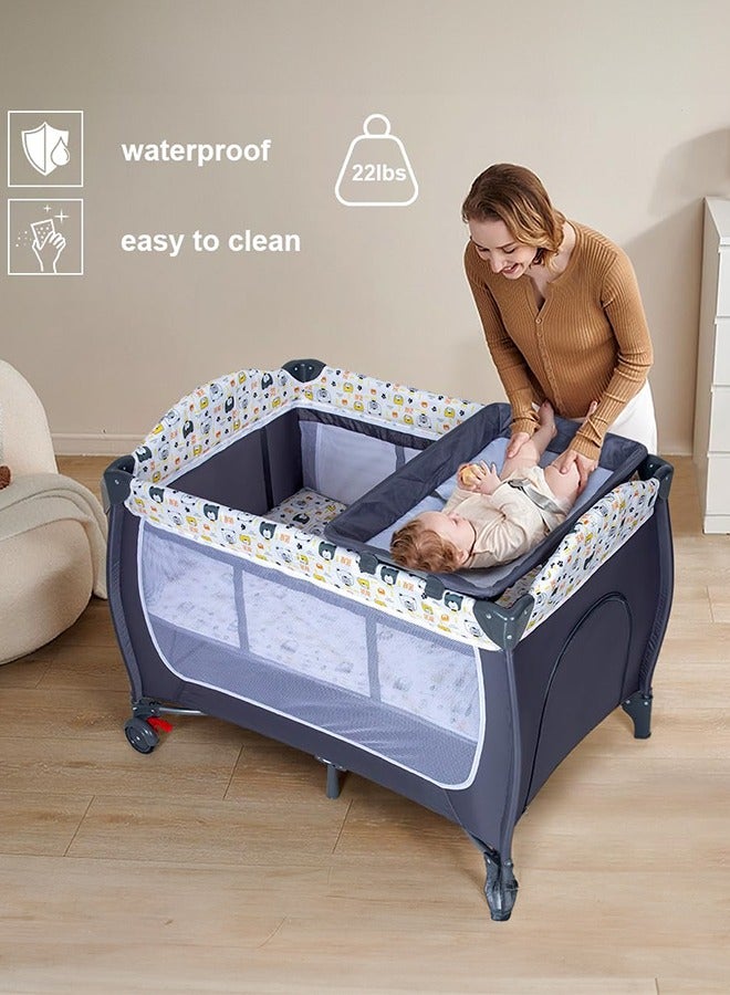 Double Layers Baby Crib Portable Foldable and Movable Diaper Table Baby Care Table Crib with Mosquito Net for 0-36 Months Old Toddler