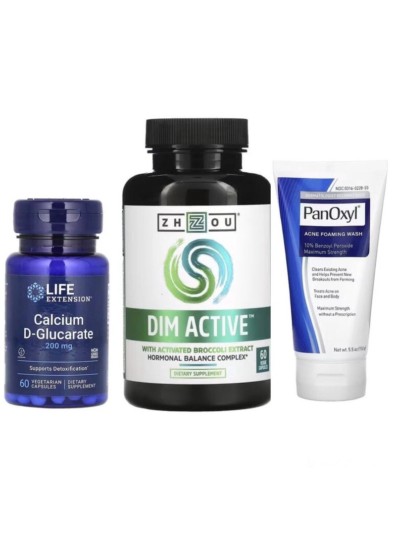 DIM Active, Hormonal Balance Complex, 60 Veggie Capsules with Calcium D-Glucarate 60 Capsules and Acne Foaming 156 g
