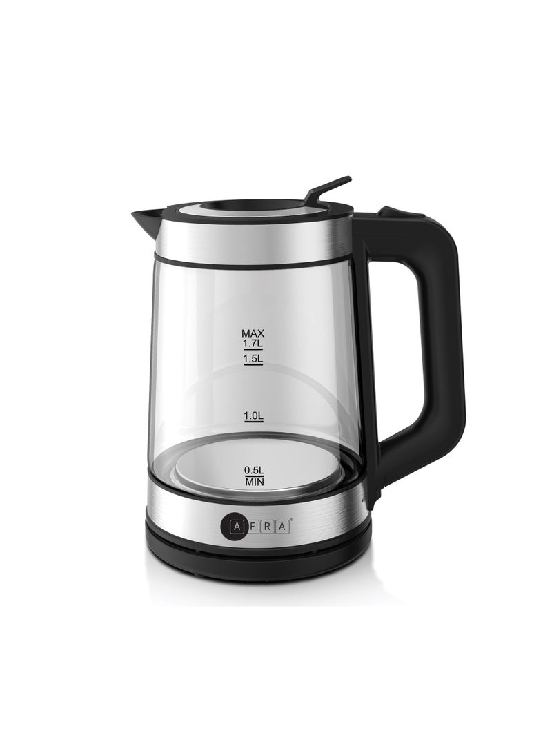 Japan Electric Kettle 1.7L Capacity 2200W Automatic Cut-off Overheat Protection Glass and Silver G-Mark ESMA RoHS CB 2 years warranty 1.7 L 2200 W AF-171850KTGS Silver