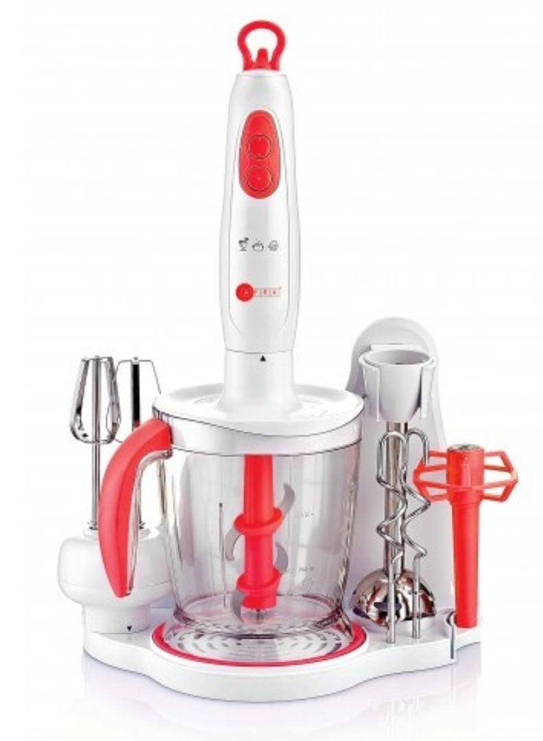 Japan 2 speed, 5- Piece Hand Blender Set, 400W, Stainless Steel Shaft, GMARK, ESMA, ROHS, and CB Certified with 2 years Warranty, White/ Red . AF-7001BL-SET white