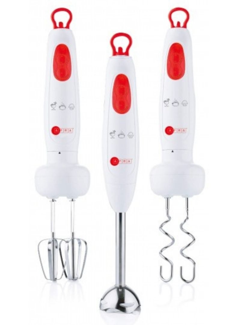 Japan 2 speed, 5- Piece Hand Blender Set, 400W, Stainless Steel Shaft, GMARK, ESMA, ROHS, and CB Certified with 2 years Warranty, White/ Red . AF-7001BL-SET white