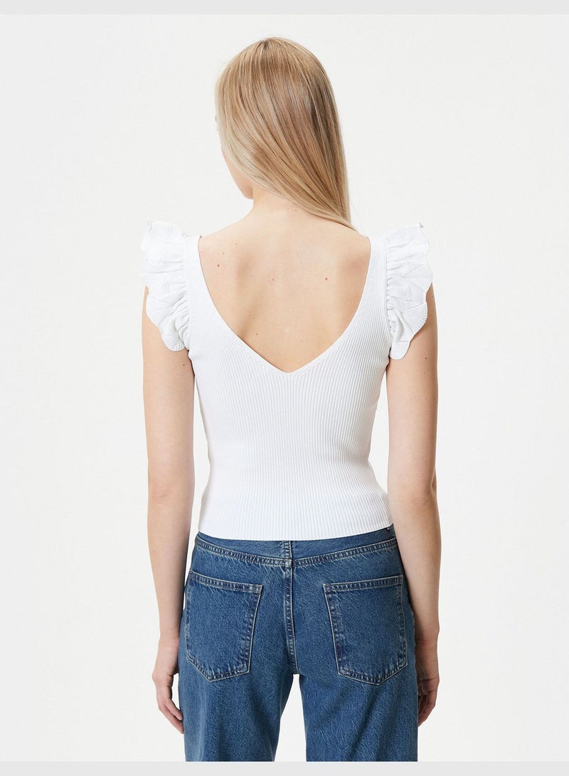 Ruffle Ribbed V Neck Knitted Blouse
