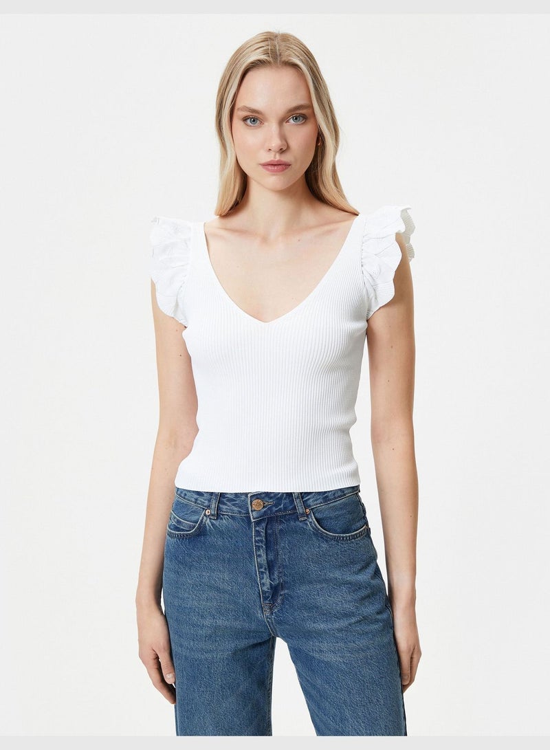 Ruffle Ribbed V Neck Knitted Blouse
