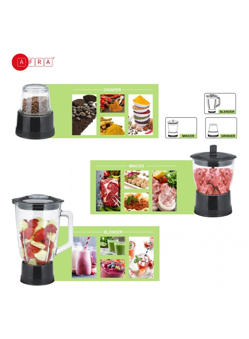 Japan 4 in 1 Juicer 2 Speed Settings 1.5 Liter Capacity Pulse Function Pulp Container Glass Blender With Meat Chopper & Grinder Jar G-Mark ESMA RoHS And CB Certified 1.5 L 800 W AF-800JCBK Black