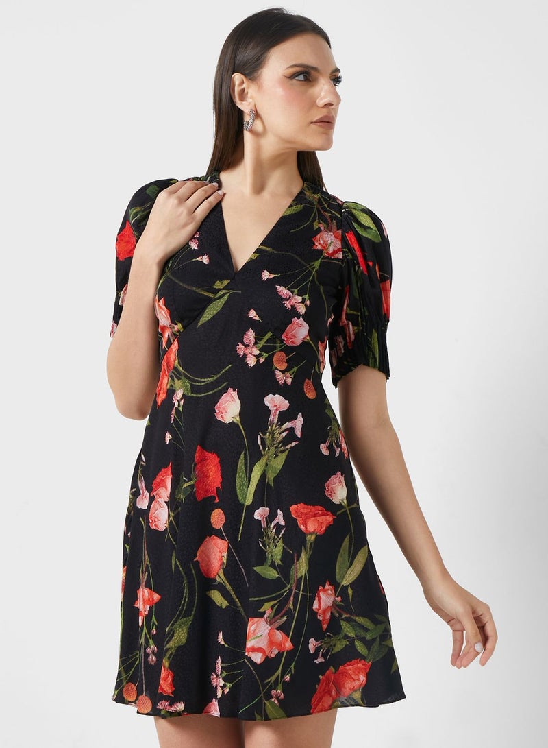 Floral Print Puff Sleeve Dress