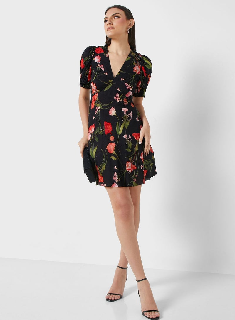 Floral Print Puff Sleeve Dress