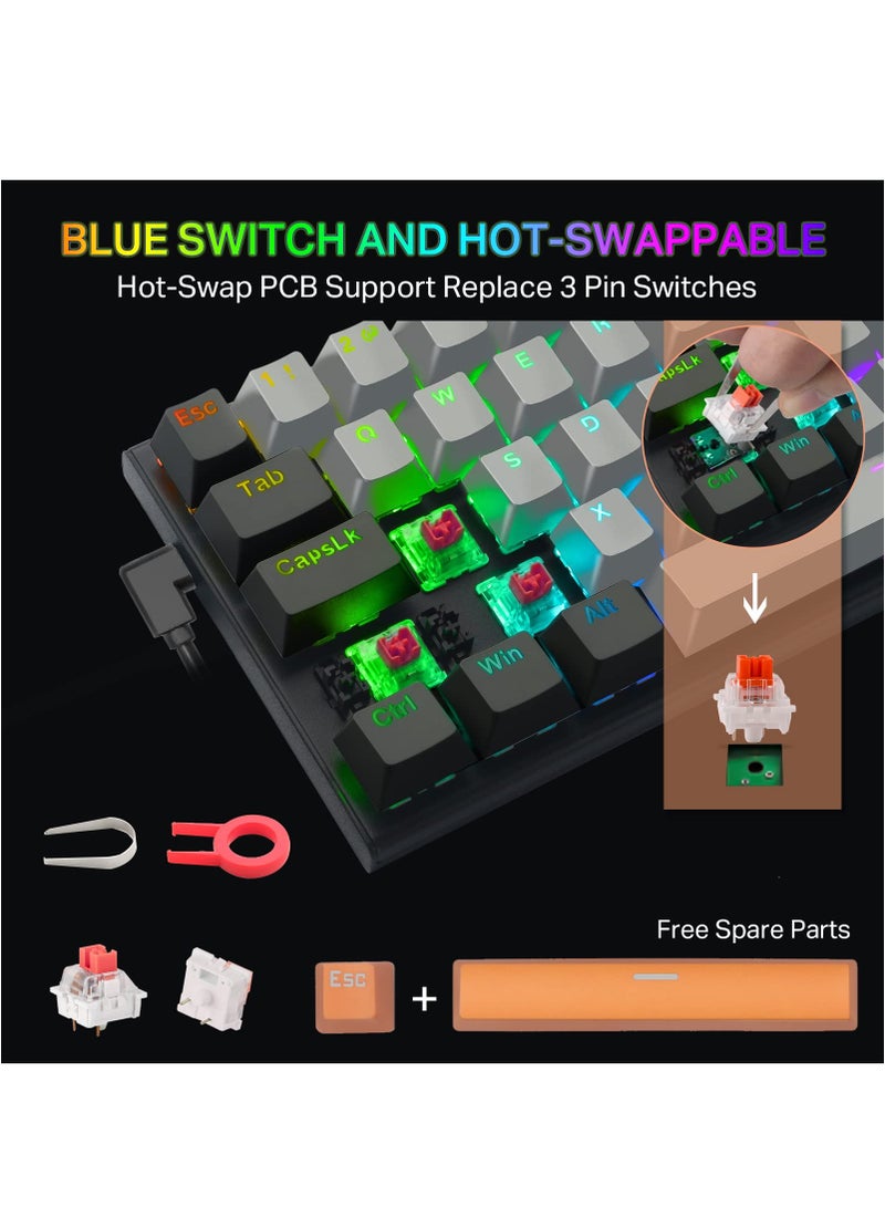 Z-11 RGB Backlit Wired Mechanical Gaming Keyboard, Red Switches, Compact 61 Key Keyboard for Windows Mac OS Gray Black