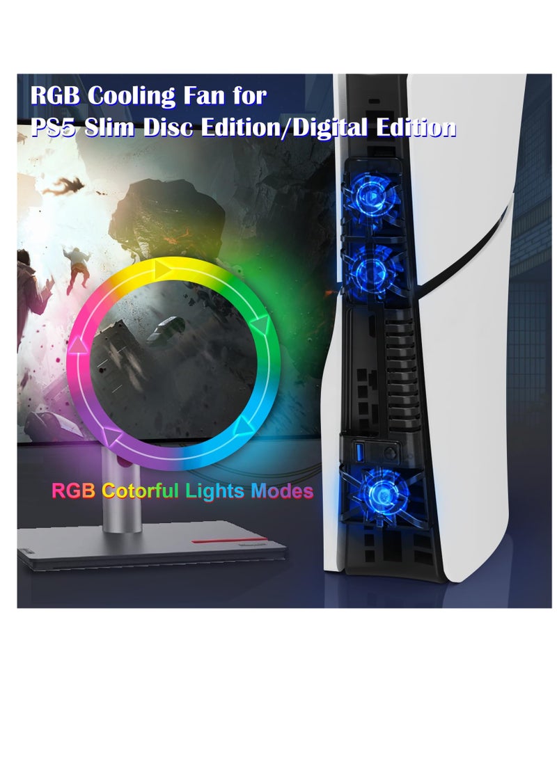 Cooling Fan for PS5 Slim Cooler Fan with RGB LED Light and USB Port for PlayStation 5 Slim Disc Edition and Digital Edition