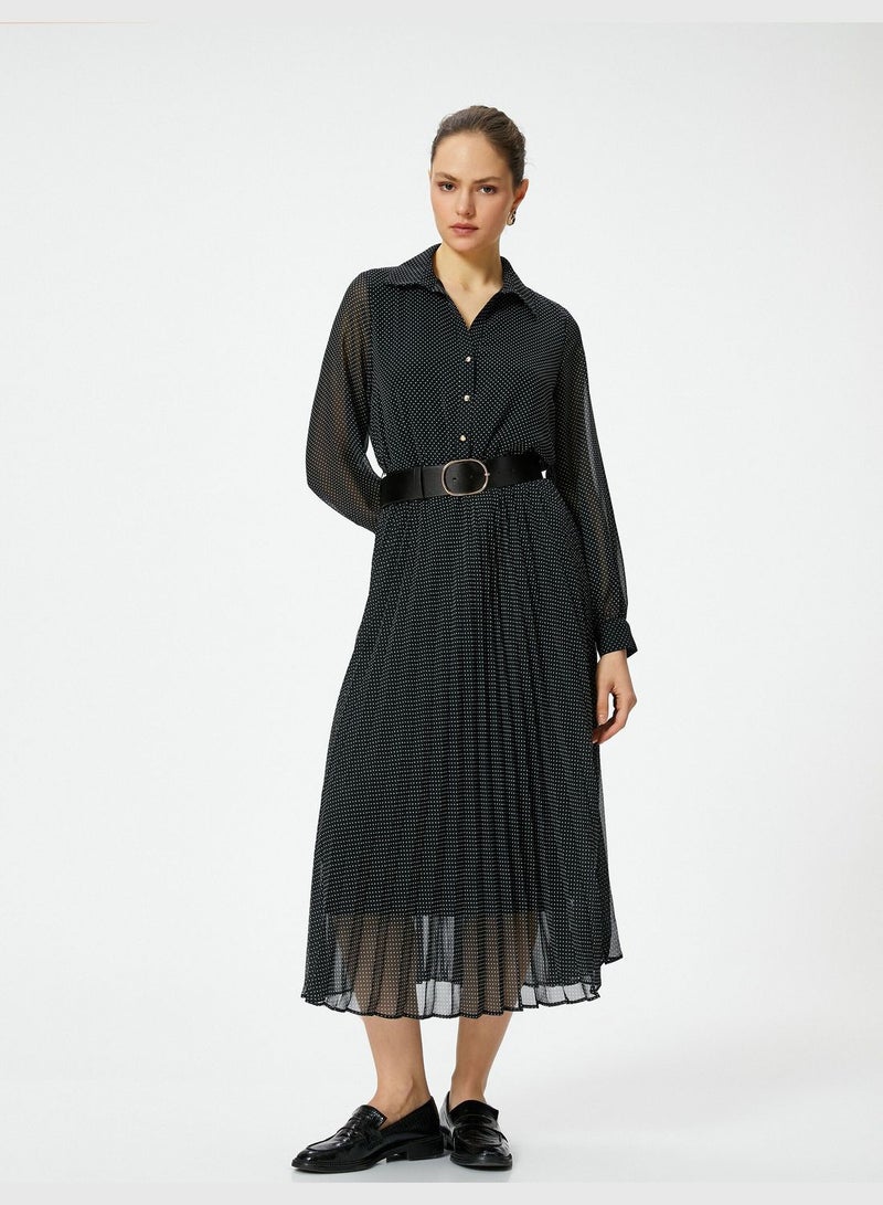 Belted Buttoned Long Sleeve Midi Chiffon Polka Dotted Dress
