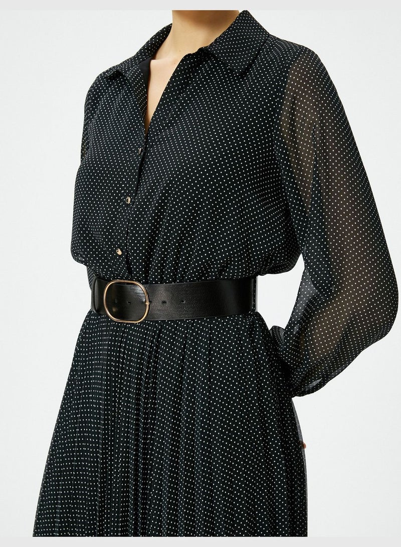 Belted Buttoned Long Sleeve Midi Chiffon Polka Dotted Dress