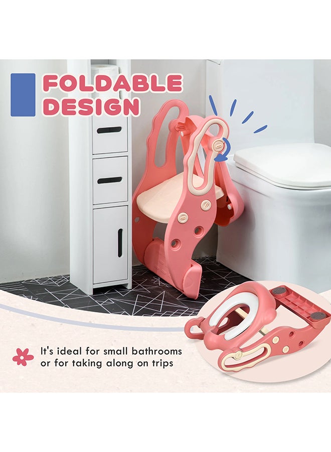 Potty Training Seat with Ladder - Safe and Comfortable Toddler Toilet Seat with Step Stool, Foldable, Non-Slip, Easy to Clean, Pink