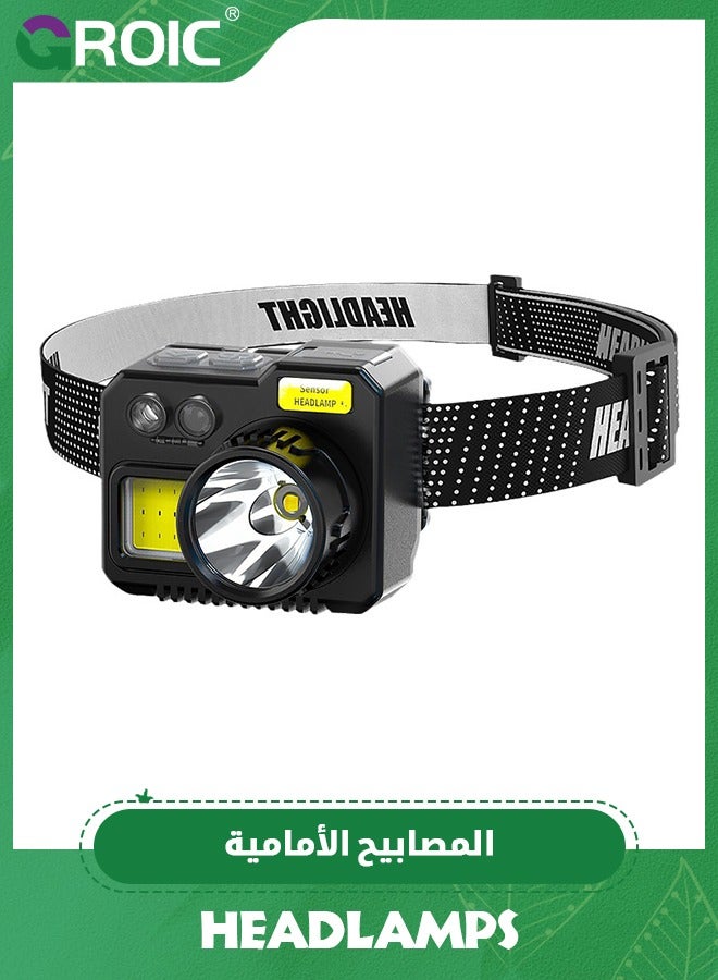 Rechargeable LED Headlamp, Lightweight Head Lamp with 7 Modes with Motion Sensor, 45°Adjustable Headlamp Flashlight, Waterproof Head Lamp for Camping, Running, Climbing, Hiking