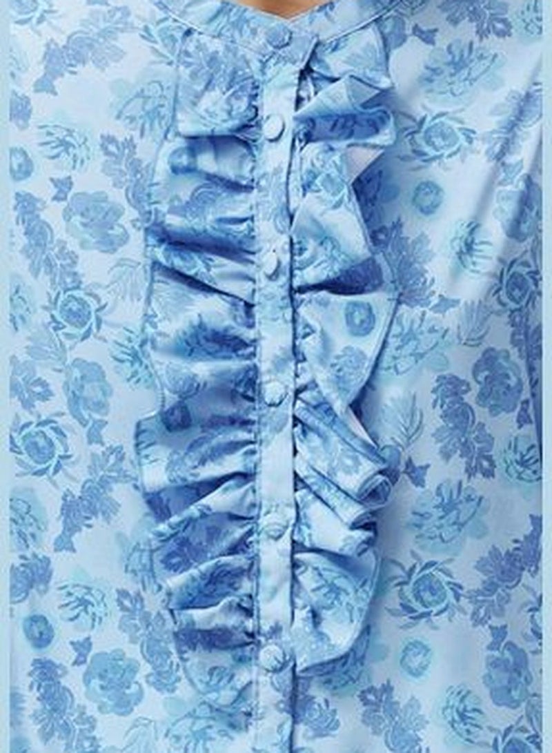 Blue High Neck Frilly Chiffon Floral Woven Shirt TWOAW22GO0117