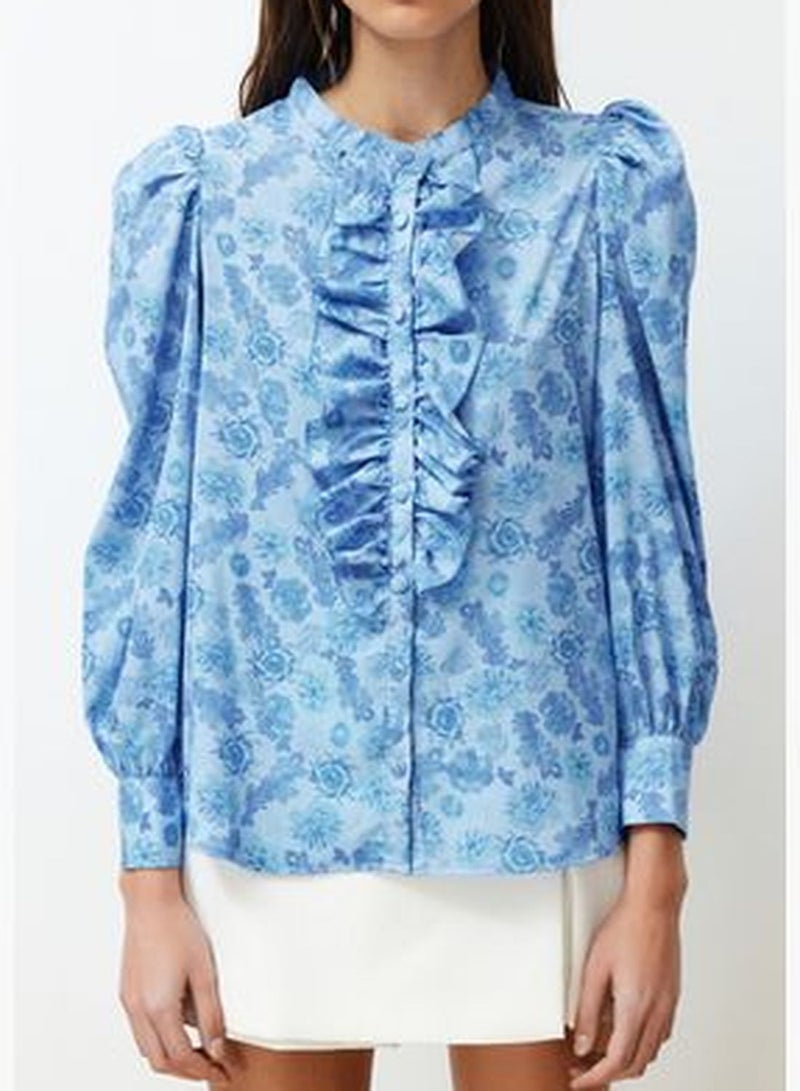 Blue High Neck Frilly Chiffon Floral Woven Shirt TWOAW22GO0117