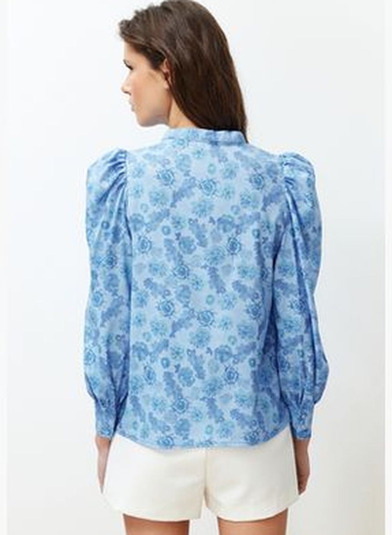 Blue High Neck Frilly Chiffon Floral Woven Shirt TWOAW22GO0117