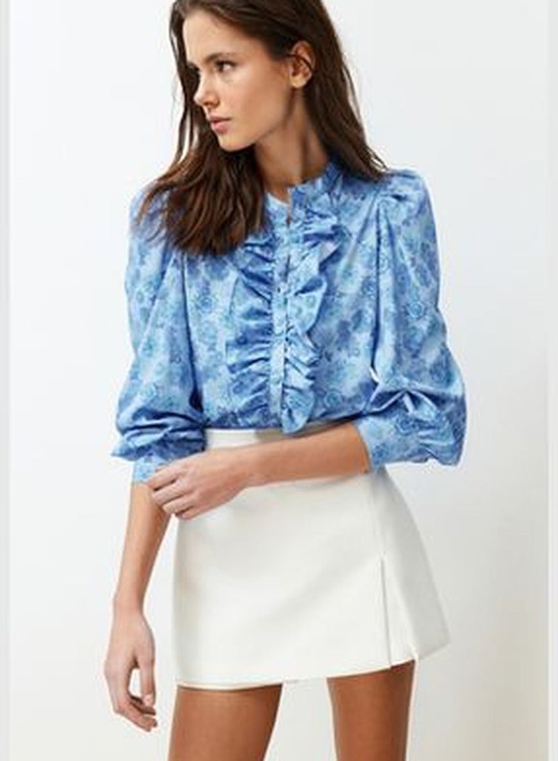 Blue High Neck Frilly Chiffon Floral Woven Shirt TWOAW22GO0117