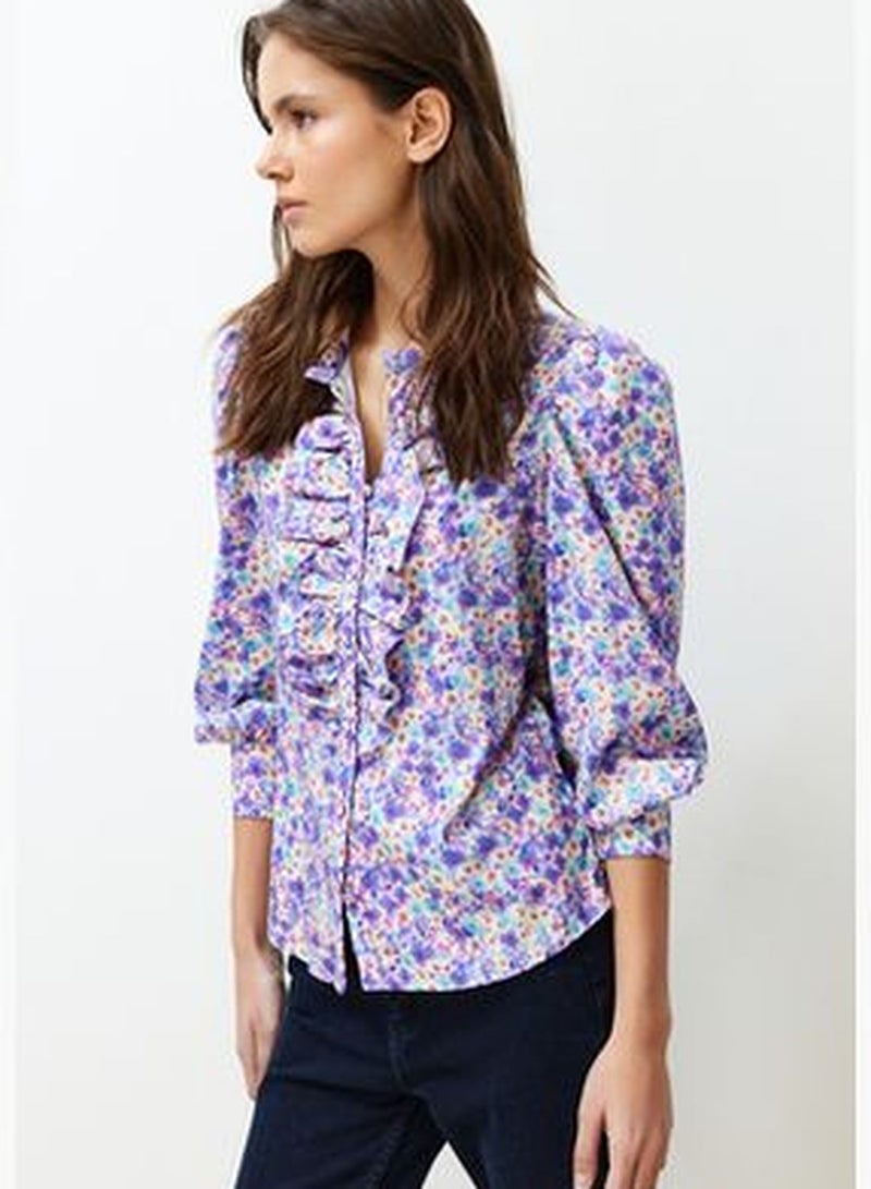 Purple High Neck Frilly Chiffon Floral Woven Shirt TWOAW22GO0117