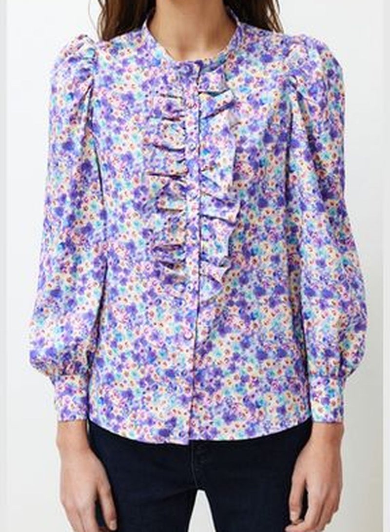 Purple High Neck Frilly Chiffon Floral Woven Shirt TWOAW22GO0117