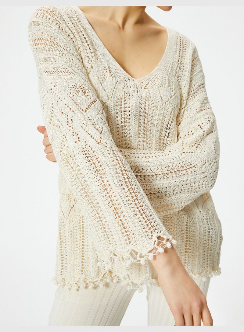 Long Sleeve V Neck Ajoure Sweater