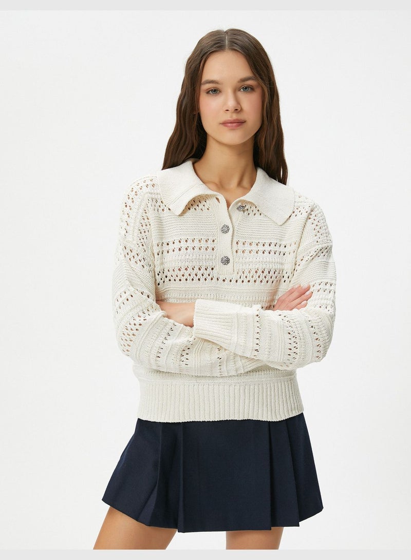 Polo Neck Ajoure Sweater Long Sleeve Gleamy Flower Button Detail