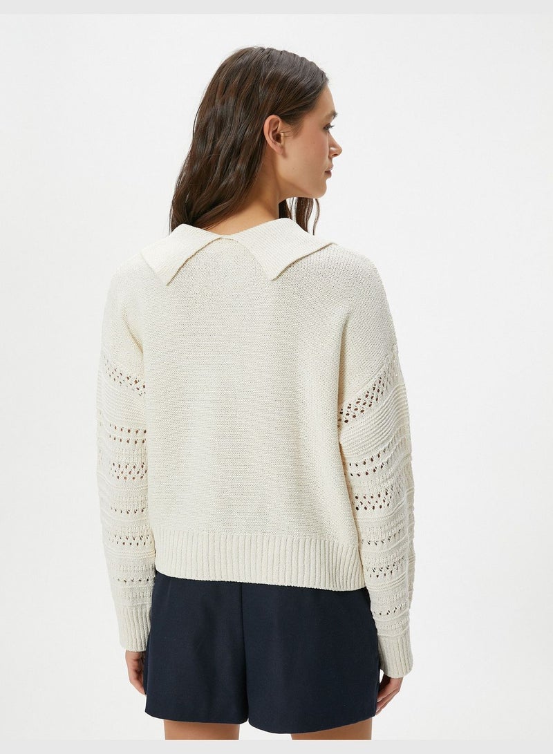 Polo Neck Ajoure Sweater Long Sleeve Gleamy Flower Button Detail