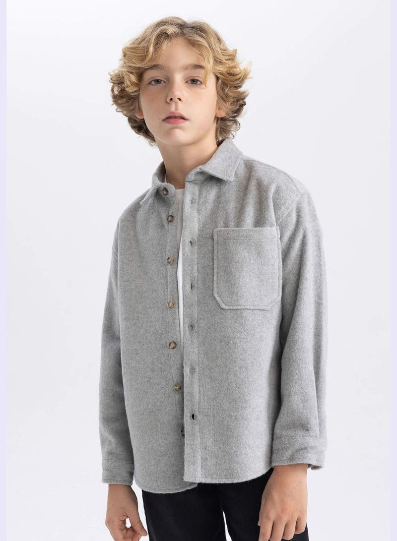 Boy Oversize Fit Polo Neck Woven Long Sleeve Shirt