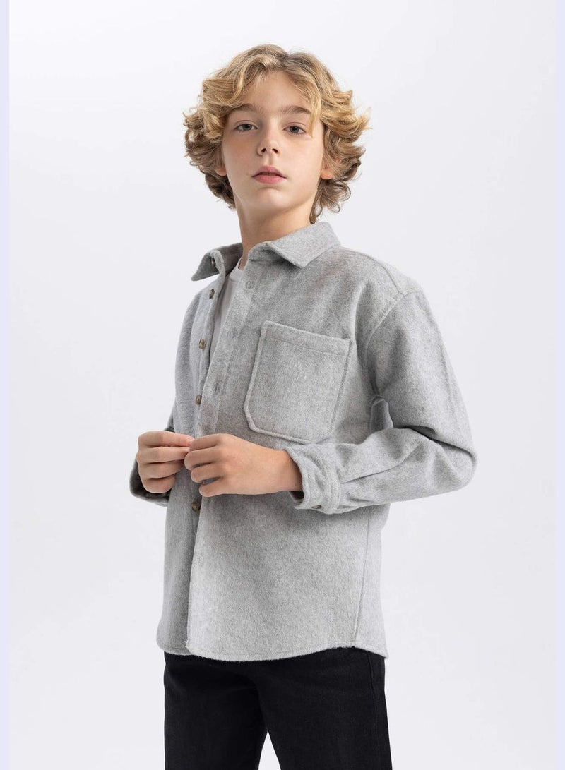 Boy Oversize Fit Polo Neck Woven Long Sleeve Shirt