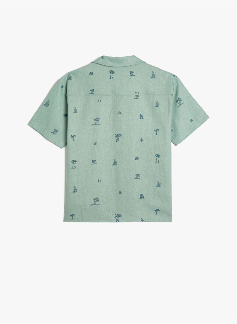 Oversized Linen Shirt Palm Printed Short Sleeve Single Pocket Detail