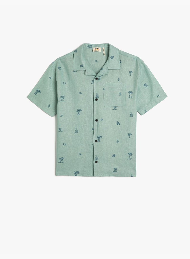 Oversized Linen Shirt Palm Printed Short Sleeve Single Pocket Detail