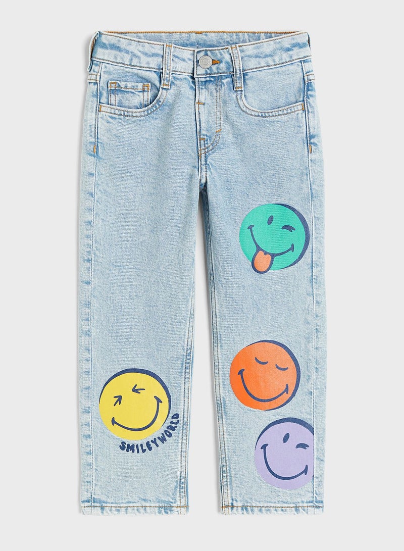 Kids Smiley Print Straight Fit Jeans