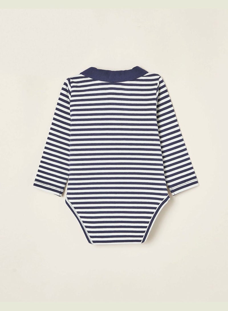 Zippy Cotton Polo-Bodysuit For Baby Boys - White Dark Blue