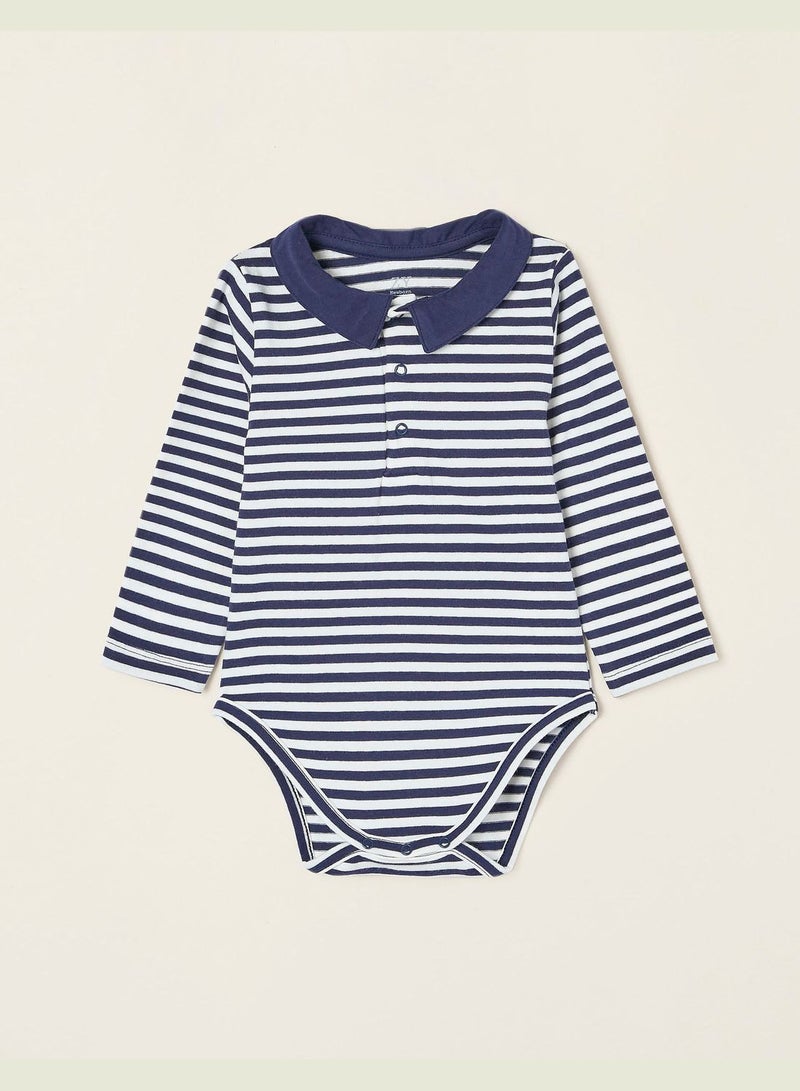 Zippy Cotton Polo-Bodysuit For Baby Boys - White Dark Blue