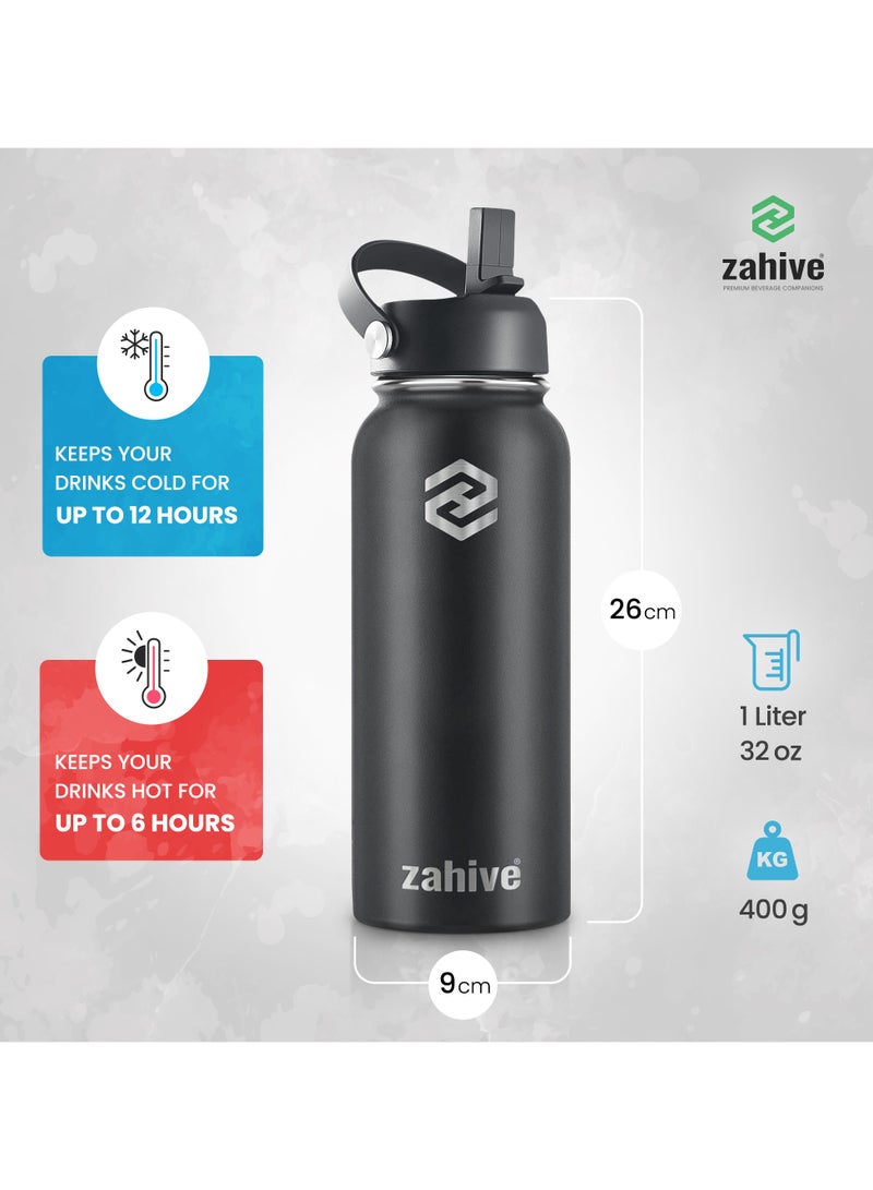 Insulated Stainless Steel Water Bottle with Straw with 3 Lids and Bag 1000 ml, Double Wall Thermos for Hot and Cold Drinks for Gym and Work, Wide Mouth, Leak Proof, 1 liter, Black