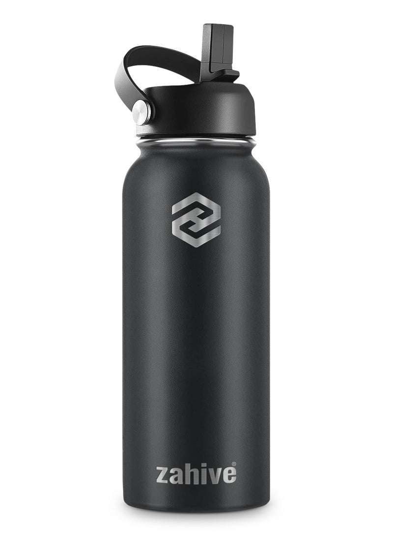 Insulated Stainless Steel Water Bottle with Straw with 3 Lids and Bag 1000 ml, Double Wall Thermos for Hot and Cold Drinks for Gym and Work, Wide Mouth, Leak Proof, 1 liter, Black